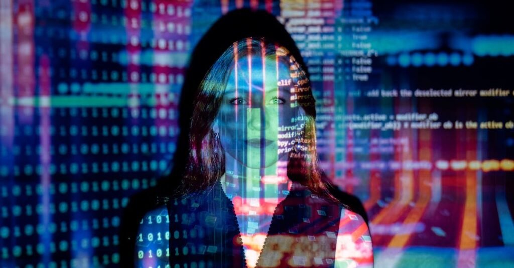 A woman with digital code projections on her face, representing technology and future concepts.