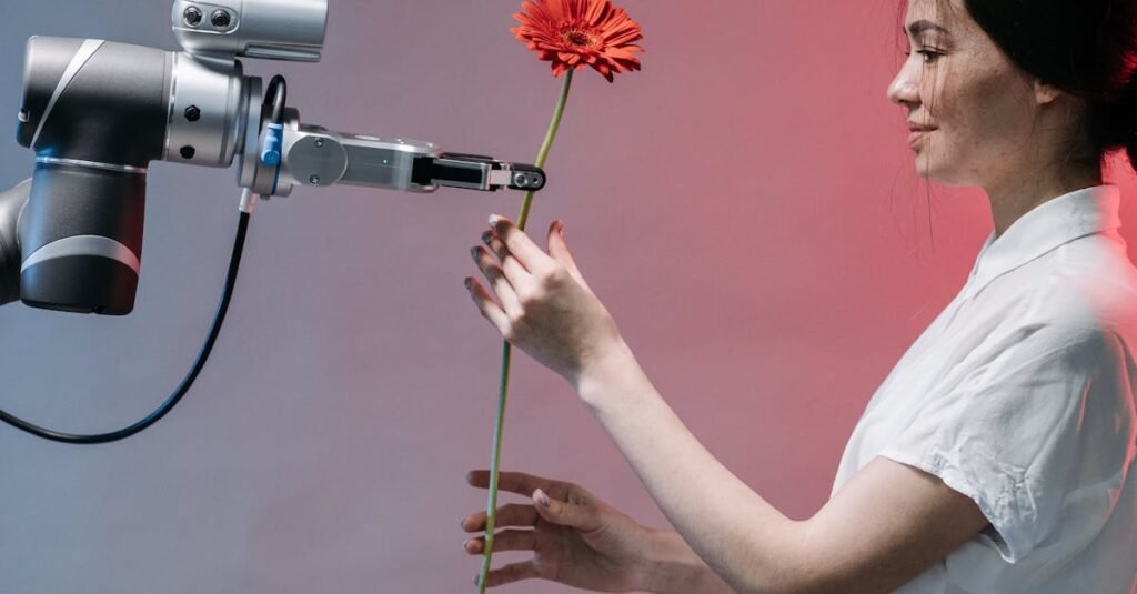 A woman interacts with a robotic arm holding a flower, symbolizing human-technology harmony.