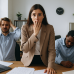 A female manager stands at a desk in an office with her hand over her mouth, wide-eyed, while two coworkers behind her appear stressed and panicked.
