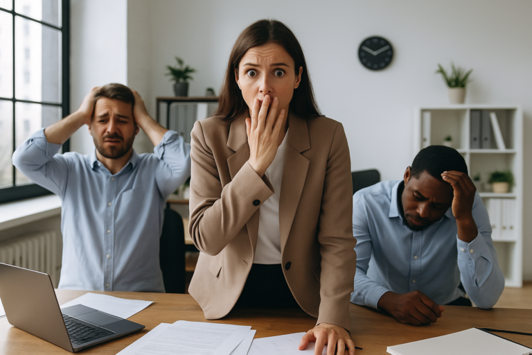 A female manager stands at a desk in an office with her hand over her mouth, wide-eyed, while two coworkers behind her appear stressed and panicked.